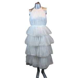NWT Lulus Gown, Organza Tiered, Tie Halter, Backless, White, sz L